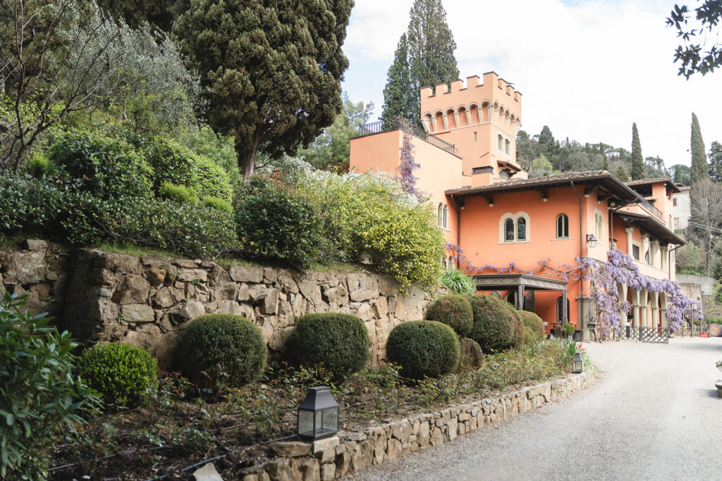 Couple at sunset on the panoramic terrace of Villa Le Fontanelle, Florence
